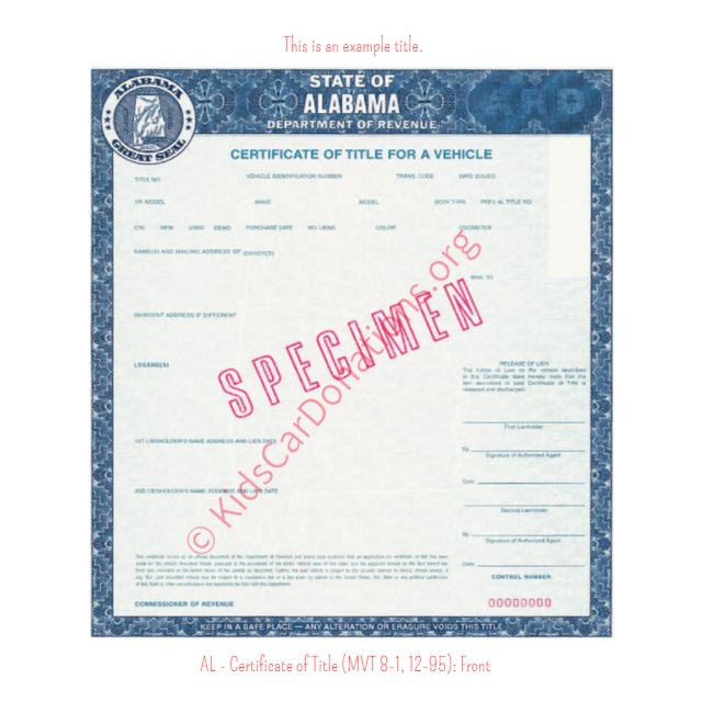 Alabama Certificate of Title (MVT 8-1, 12-95): Front | Kids Car Donations